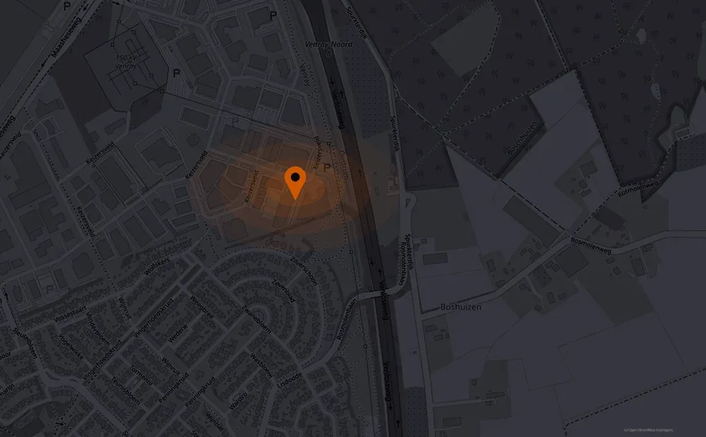 Kaart van Venray met de locatie van Drive in Cars aan het Keizersveld 45B, gemarkeerd op het bedrijventerrein Keizersveld