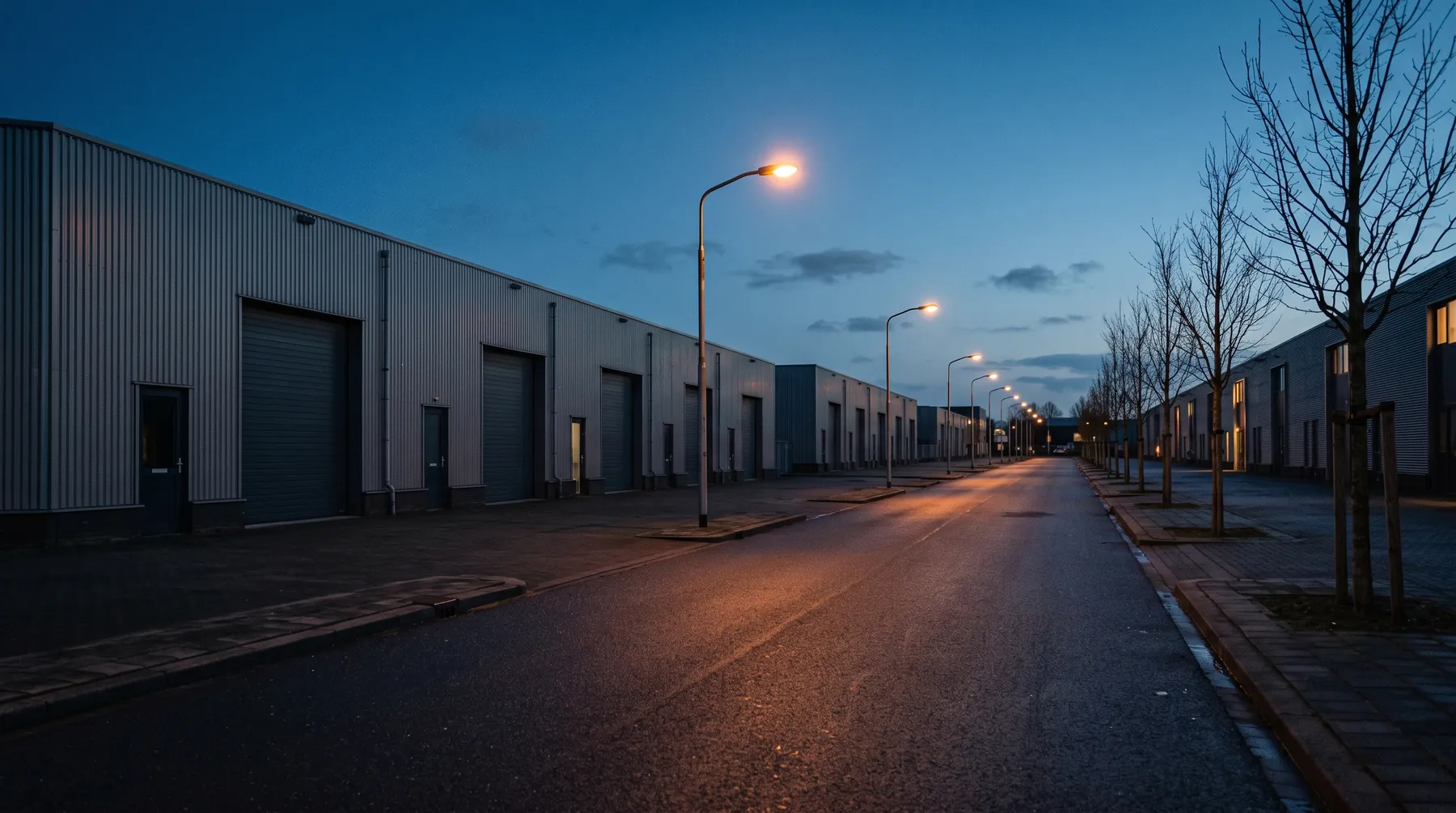 Straat op een Nederlands bedrijventerrein in de avond