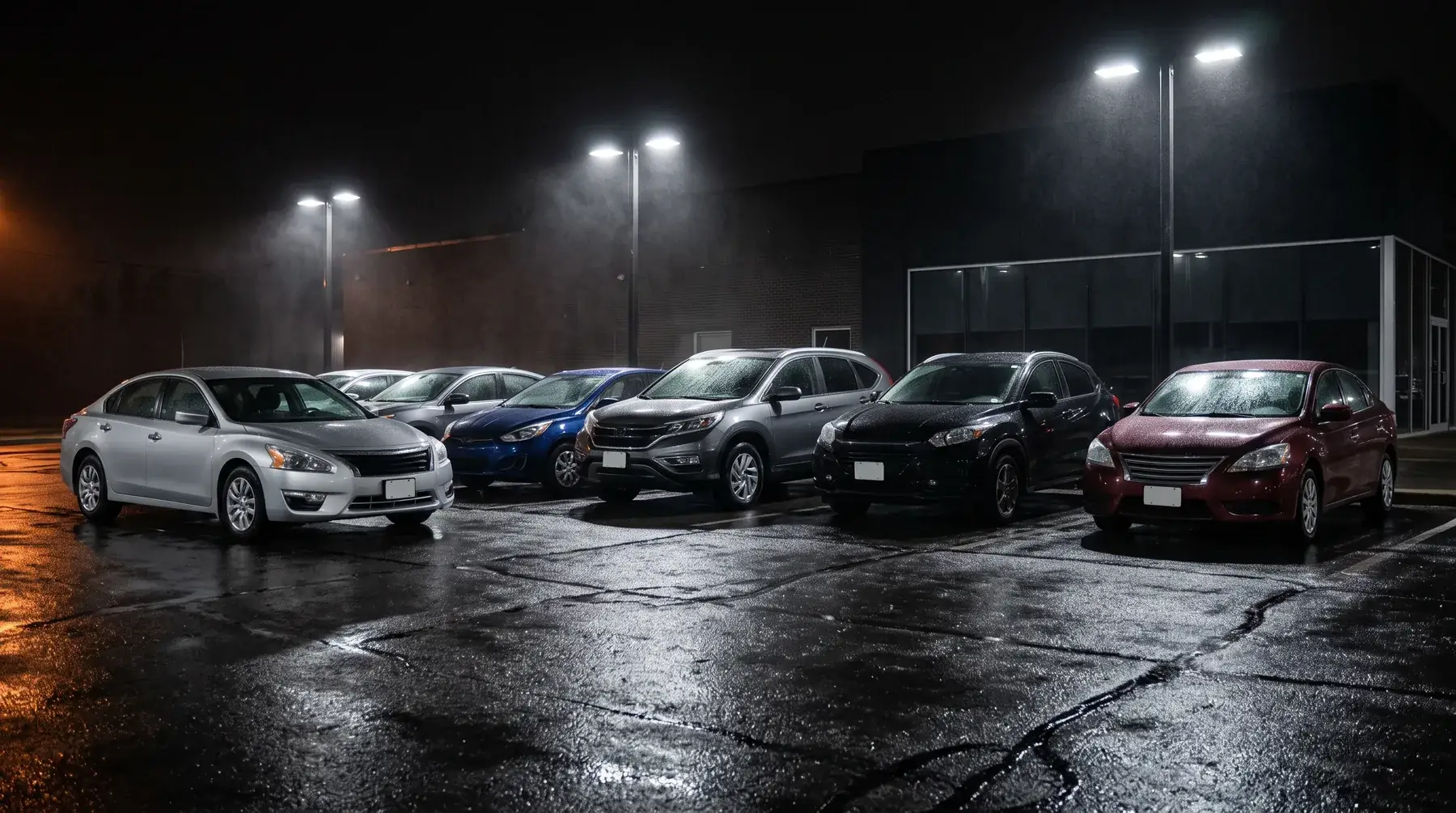 Rij gebruikte auto's op een verlicht plein bij avond